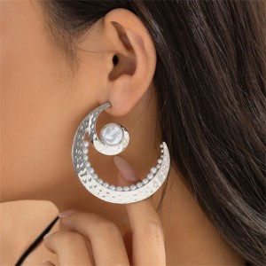 Crescent Moon Shape Bold Fashion Wholesale Women Hoop Earrings - Silver