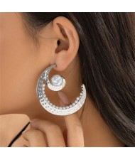 Crescent Moon Shape Bold Fashion Wholesale Women Hoop Earrings - Silver