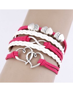 Twin Hearts Design White and Pink Multi-layer Weaving Bracelet