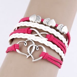 Twin Hearts Design White and Pink Multi-layer Weaving Bracelet