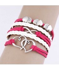 Twin Hearts Design White and Pink Multi-layer Weaving Bracelet