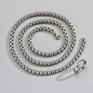 60cm Hip Hop Style Stainless Steel Corn Chain Men Necklace and Ring Set