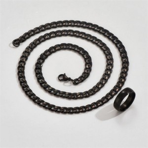 Popular Punk Style Stainless Steel Black Chain Men Necklace and Ring Set