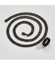 Popular Punk Style Stainless Steel Black Chain Men Necklace and Ring Set