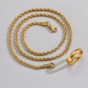 U.S. Fashion Hip Hop Style Stainless Steel Golden Twist Chain Men Necklace and Ring Set