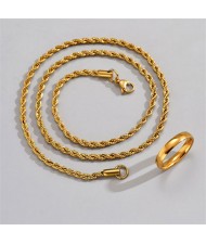 U.S. Fashion Hip Hop Style Stainless Steel Golden Twist Chain Men Necklace and Ring Set