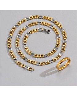 U.S. Fashion Hip Hop Style Stainless Steel Golden Twist Chain Men Necklace and Ring Set