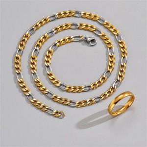Hip Hop Style Two-tone Thick Flat Chain Men Stainless Steel Necklace and Ring Set