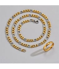 Hip Hop Style Two-tone Thick Flat Chain Men Stainless Steel Necklace and Ring Set