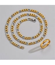 U.S. Fashion Hip Hop Style Stainless Steel Golden Twist Chain Men Necklace and Ring Set