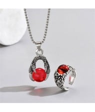 Claw Pendant Chain Men Punk Style Wholesale Necklace and Red Eye Ring Jewelry Set