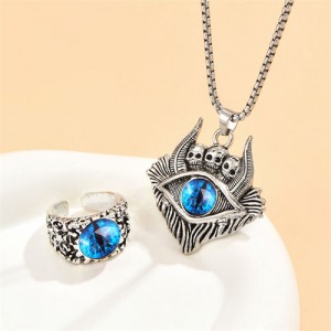 Vintate Silver Color Classic Eye Skull Necklace and Ring Fashion Men Jewelry Set - Blue