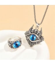 Vintate Silver Color Classic Eye Skull Necklace and Ring Fashion Men Jewelry Set - Blue