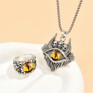 Vintate Silver Color Classic Eye Skull Necklace and Ring Fashion Men Jewelry Set - Yellow