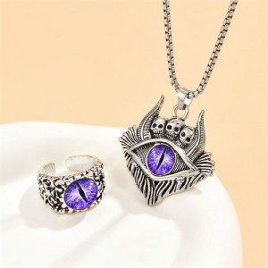 Vintate Silver Color Classic Eye Skull Necklace and Ring Fashion Men Jewelry Set - Purple