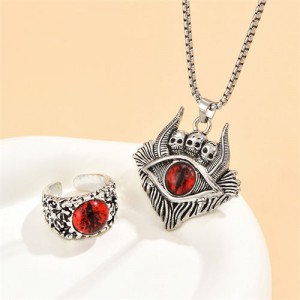 Vintate Silver Color Classic Eye Skull Necklace and Ring Fashion Men Jewelry Set - Red