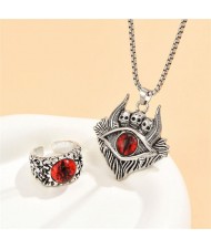 Vintate Silver Color Classic Eye Skull Necklace and Ring Fashion Men Jewelry Set - Red