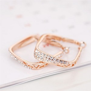 Hollow-out Square Design 18K Gold Plated Shinning Rhinestone Women Rose Gold Earrings
