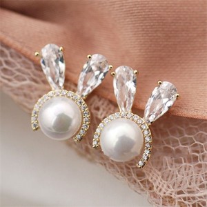 Cute Rabbit Head Design White Pearl Gold Plated Women Ear Studs