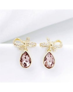 Korean Fashion Bowknot Crystal Drop Pendant Women Dangle Rose Gold Earrings - Blue