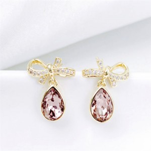 Korean Fashion Bowknot Crystal Drop Pendant Women Dangle Rose Gold Earrings - Champagne