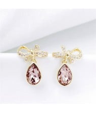 Korean Fashion Bowknot Crystal Drop Pendant Women Dangle Rose Gold Earrings - Blue