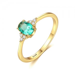 Simple Design Vintage Green Stone Office Lady 925 Sterling Silver Ring - Golden