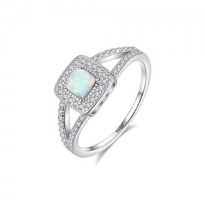 Bling Cubic Zirconia Inlaid Square Opal Women 925 Sterling Silver Ring - White