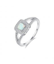 Bling Cubic Zirconia Inlaid Square Opal Women 925 Sterling Silver Ring - White
