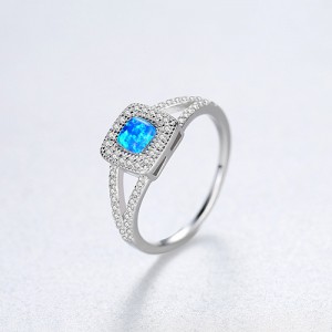 Bling Cubic Zirconia Inlaid Square Opal Women 925 Sterling Silver Ring - Blue