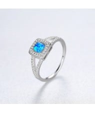 Bling Cubic Zirconia Inlaid Square Opal Women 925 Sterling Silver Ring - Blue