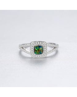 Bling Cubit Zirconia Inlaid Square Opal Women 925 Sterling Silver Ring - Blue