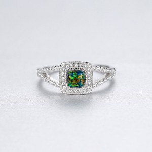 Bling Cubic Zirconia Inlaid Square Opal Women 925 Sterling Silver Ring - Green