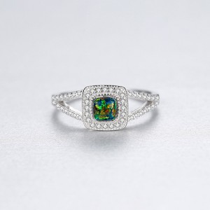 Bling Cubic Zirconia Inlaid Square Opal Women 925 Sterling Silver Ring - Green