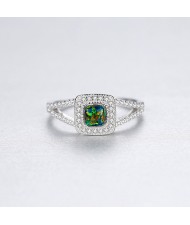 Bling Cubic Zirconia Inlaid Square Opal Women 925 Sterling Silver Ring - Green
