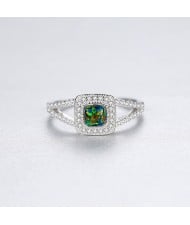 Bling Cubit Zirconia Inlaid Square Opal Women 925 Sterling Silver Ring - Blue