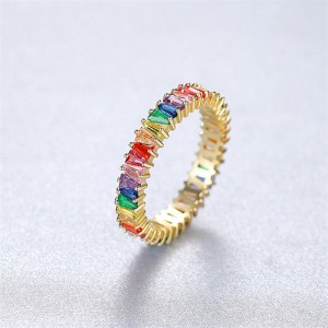 Rainbow Color Cubic Zirconia Fashion Women 925 Sterling Silver Ring - Golden