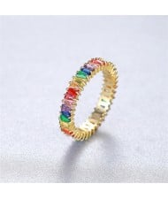 Rainbow Color Cubic Zirconia Fashion Women 925 Sterling Silver Ring - Golden