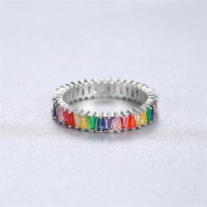 Rainbow Color Cubic Zirconia Fashion Women 925 Sterling Silver Ring - Silver