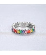 Rainbow Color Cubic Zirconia Fashion Women 925 Sterling Silver Ring - Silver