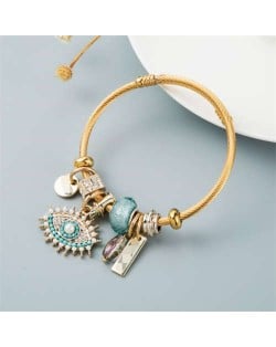 European Fashion Evil-eye Pendant Unique Beads Gold Plated Women Bangle - Light Blue