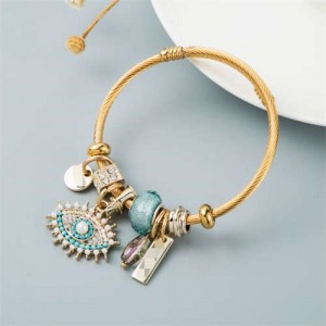 European Fashion Evil-eye Pendant Unique Beads Gold Plated Women Bangle - Light Blue