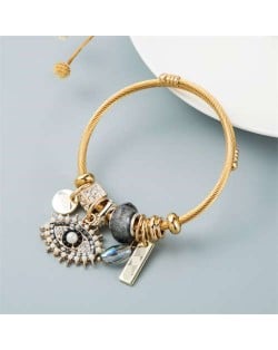 European Fashion Evil-eye Pendant Unique Beads Gold Plated Women Bangle - Gray