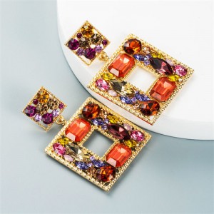 Baroque Style Colorful Rhinestone Square Bold Fashion Wholesale Earrings - Orange