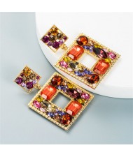 Baroque Style Colorful Rhinestone Square Bold Fashion Wholesale Earrings - Orange