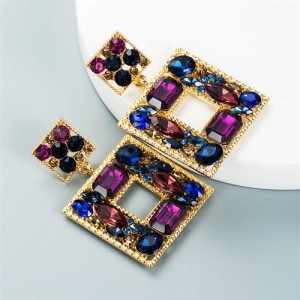 Baroque Style Colorful Rhinestone Square Bold Fashion Wholesale Earrings - Purple