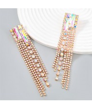 Popular Exaggerated Long Tassel Rhinestone Fashion Wholesale Women Earrings - Luminous White
