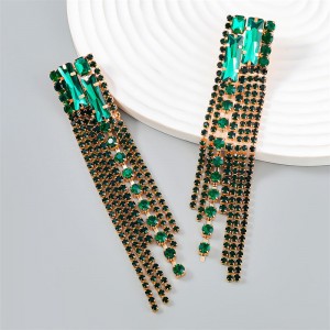 Popular Exaggerated Long Tassel Rhinestone Fashion Wholesale Women Earrings - Green