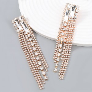 Popular Exaggerated Long Tassel Rhinestone Fashion Wholesale Women Earrings - White
