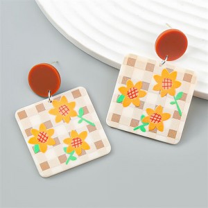 Yellow Sun Flower Printing Square Shape Wholesale Popular Women Fashion Earrings